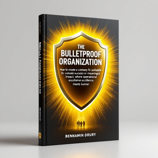 A bold, glowing shield as the central element in the design, symbolizing "bulletproof." The shield is made of sleek metallic textures, with a subtle reflective surface, sitting against a gradient background that transitions from radiant yellow (#ffda29) at the center to a clean white toward the edges. Thin, ascending lines in the background give the impression of progress and upward growth. Below the shield, a small outline of people holding hands in a circle represents the harmony between operational excellence and human connection.