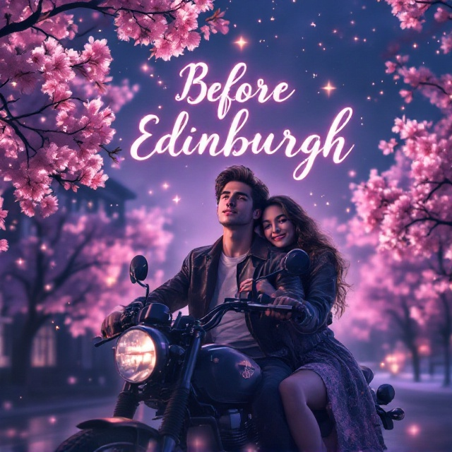 A dreamy night-time scene showcases two high schoolers—one sitting on a motorcycle while the other leans gently against him, both smiling under a cascade of shimmering stars. In the background, a soft outline of a school building is faintly visible, surrounded by blooming cherry blossoms swaying in the breeze. The handsome boy on the motorcycle is wearing a leather jacket, while the girl is dressed in a flowing skirt that flutters delicately. Shades of pink dominate the cover, blending with subtle purples and blues from the stars and night sky to create a romantic, ethereal mood.