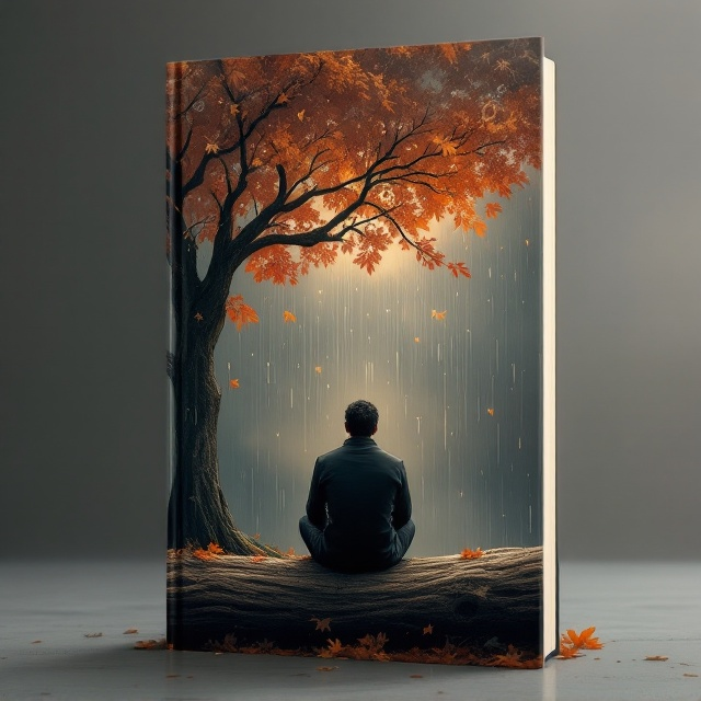 An autumnal scene featuring a solitary individual seated on a large, rustic wooden log under a tree shedding golden and red leaves. This scene takes place under the soft glow of a cloudy sky, with subtle rain gently falling. A faint gust of wind carries some fallen leaves across the ground. Above the individual’s silhouette, within a misty cloud, faint metallic gears and cogs appear, symbolizing organizational processes. A serene, minimalistic background with soft, neutral hues highlights the emotional depth and reflective tone of the cover.