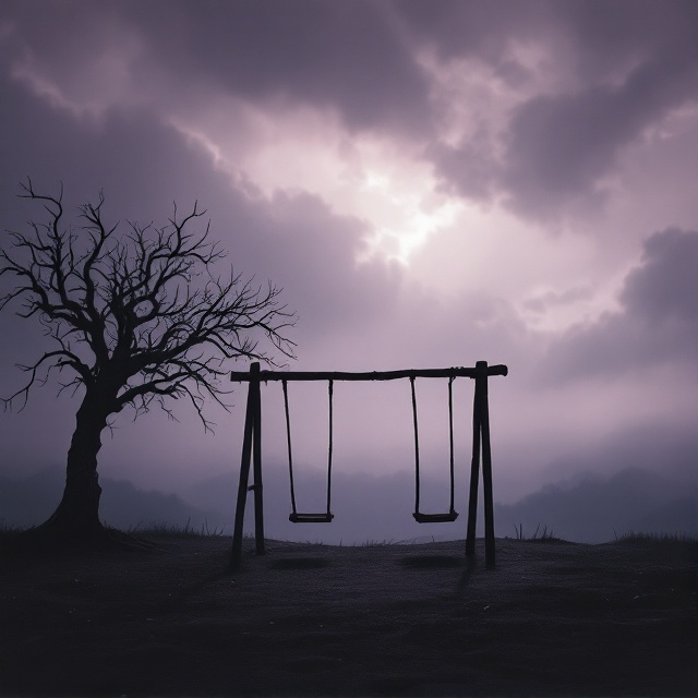 A shadowy playground occupies the center of the cover, with the swings gently motionless in mid-air. In the background, clouds in tones of dusky purples and grays swirl in subtle, melancholic patterns, blending into a horizon that feels infinite yet oppressive. A gnarled, withered tree stands in the left foreground, its skeletal branches invading the sky. Faint blades of light break through the overcast clouds, fading into the scene as if time itself is dissolving. A translucent, ghostly figure lurks faintly in the background, almost imperceptible, symbolizing timeless solitude.