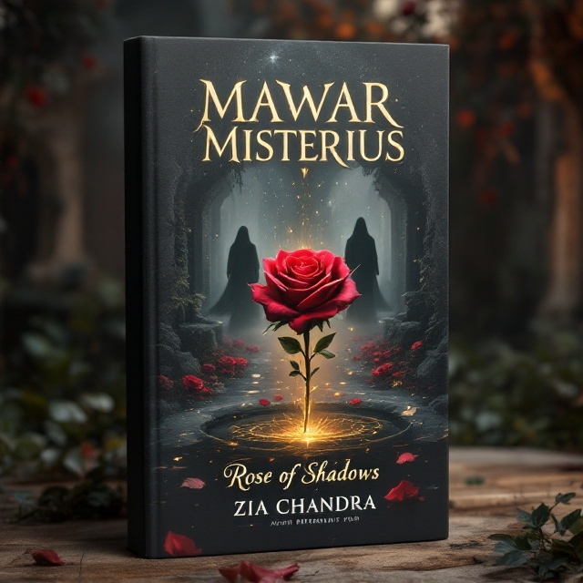 A mysterious, dark garden split into two vertical halves dominates the cover. On the left, the real-world garden is shown in muted tones with overgrown plants and a crumbling stone fountain. On the right, its parallel counterpart is eerily glowing with vivid red roses, shimmering gold leaves, and an ethereal mist hovering over a black, starry ground. A single, large blood-red rose with golden thorns dramatically bridges the two halves at the center. Shadows of a cloaked figure loom in the background, straddling both worlds. The title glows in an embossed golden hue at the top, while the author's name rests elegantly at the bottom.