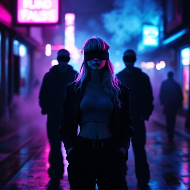 A cinematic night street scene serves as the background, washed in moody tones of purple and blue neon lights. The slender blonde woman stands at the center, facing slightly away from the viewer, her blindfold obscuring any eye contact. Her bangs cascade over the blindfold while her cropped top and flared pants reflect early 2000s fashion. The three blurry, shadowy silhouettes of faceless figures loom slightly behind her, adding tension and mystery. Smoke or mist softly veils their forms, heightening the intrigue, and reflections of neon lights glimmer faintly on a wet pavement below.