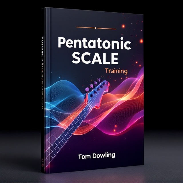 The cover features an abstract yet sleek illustration of a metallic guitar neck and fretboard that extends diagonally from the bottom-left corner to the top-right. Gentle waves of vibrant color gradients (ranging from deep blues to fiery oranges) flow behind the guitar fretboard, evoking the feeling of music in motion. Subtle glowing pentatonic scale patterns appear as dynamic swirls overlaying the gradient background, representing musical creativity.