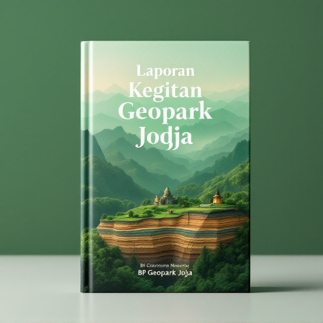 A lush, mountainous green landscape extends across the background, showcasing the natural beauty of Jogja's biosphere. Soft gradients of green and earthy tones dominate, reflecting the harmony of geological and natural elements. A silhouette of cultural icons, such as Jogja’s traditional temples, is subtly embedded into the scenery for added depth. The foreground contains layered geological strata – a cross-section of the earth's layers to symbolize science – blended seamlessly with natural imagery.