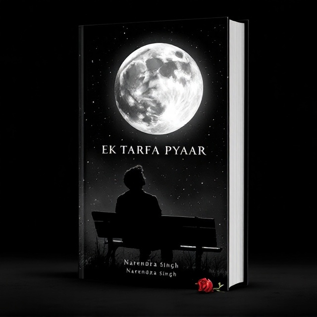 A silhouette of a solitary young man is sitting on a park bench, gazing at the full moon in a desolate nighttime sky. The backdrop is black, accented by faint white streaks resembling moonlight. On the lower part of the cover, a single red rose lies on the bench, tilted slightly, giving a subtle hint at unreciprocated love. Frosted tones and gradients add depth, while the black-and-white palette emphasizes solitude.