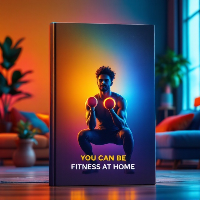 An energetic scene of a person working out at home, holding a bright dumbbell in one hand while performing a squat. The background is a cozy, modern living room with soft furniture, plants, and a large window casting natural light. The gradient background transitions from vibrant orange in one corner to electric blue in the opposite corner, evoking energy and positivity. The person is center-aligned, radiating confidence with subtle glowing outlines.
