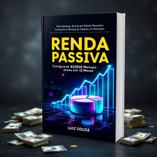 A dark black matte background with a combination of realistic imagery in the foreground. On the left side, scattered stacks of $100 bills and a large pie chart overlay in vibrant blue and green tones showing growth. On the right side, a glowing upward graph in neon blue leading to the title. Subtle gold accents underline the financial element. The author name "Luiz Souza" is placed at the bottom center in clean white text.