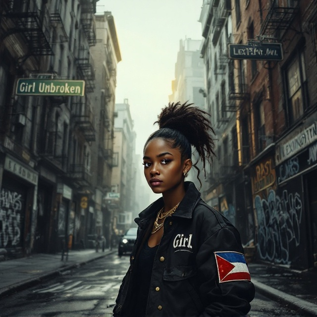 A full-bleed, gritty urban scene with muted tones of gray, black, and brown dominates the cover. The young girl of Puerto Rican descent, styled with a high ponytail, black flight jacket with the Puerto Rican flag on her sleeve, and gold jewelry, stands prominently at the foreground. Her pose is strong and defiant, eyes forward, reflecting her resilience. Behind her loom the tall, weathered buildings of East Harlem, graffiti scattered across walls, street signs reading "E. 116th St" and "Lexington Ave" subtly incorporated into the background. A golden-hued light breaks through overcast skies above her, symbolizing hope and perseverance amidst the darkness.