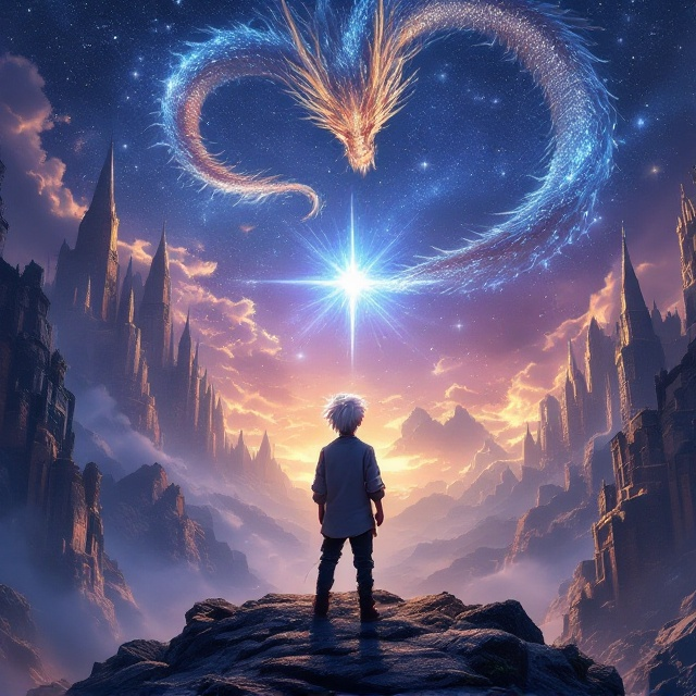 A dramatic scene showing the young boy with striking crystal-clear eyes and white hair with crimson streaks standing atop a rocky outcrop. The majestic cultivation sect looms behind him, a structure of intricate spires gleaming in soft, otherworldly light. Above in the vast, star-studded sky, a magnificent dragon glimmers like stardust, soaring in an arc that frames the boy's upward gaze. The boy’s posture is one of curiosity and determination, emphasized by the glowing aura around him that suggests hidden power. A soft gradient of twilight hues—rich purples, pinks, and deep blues—emphasizes the fantastical atmosphere.