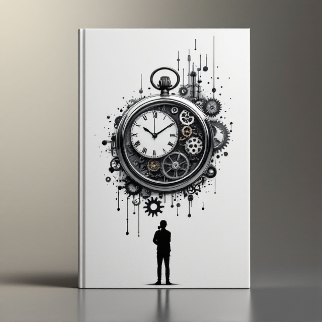 A futuristic and minimalist central design featuring a blend of a pocket watch with its gears visible, seamlessly overlapping with industrial-style cogs. A silhouette of a person in a pensive posture is positioned subtly in the foreground, slightly faded, giving a reflective mood. The background is a gradient of contrasting light and dark hues (soft beige blending into smokey gray) with a gentle transition, anchoring the concept of duality and contrast in thought and results.