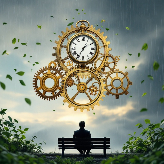 A thought-provoking composition featuring a mix of intricate golden gears (symbolizing machinery and systematic performance) and a classic pocket watch suspended mid-air. In the foreground, a silhouette of a pensive individual sits on a bench, gazing contemplatively at the distant horizon. The background transitions from a light sky near the top to a darker, stormy tone near the bottom, with gentle rain falling and vibrant green leaves cascading in the air, accompanied by a subtle breeze. The leaves add energy and movement.