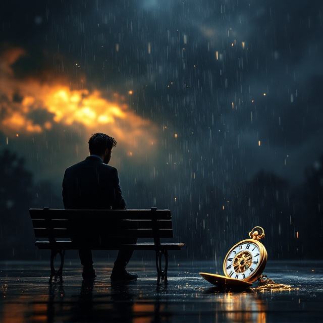 The cover features a dark, subtly gradiented background that blends shades of deep blue, charcoal gray, and dusk purple, evoking an atmosphere of mystery and reflection. In the lower-right corner, a small, intricate golden pocket watch is partially open, revealing gleaming, detailed golden gears inside. It is lightly dusted with raindrops, showcasing the element of soft rain. On the left-hand side, a solitary figure sits on a wooden bench, slightly silhouetted and leaning forward in deep thought, gazing abstractedly at the golden rays breaking amidst colorful clouds. Fine mist swirls around, creating an ethereal ambiance. The rain drizzles faintly in gentle streaks across the entire frame for an added dash of liveliness.