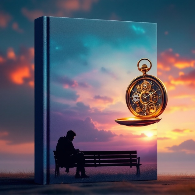 A serene landscape with a dreamy multicolored sky (shades of blue, orange, and purple), giving a futuristic yet elegant science-fiction ambiance. In the top right corner, a detailed golden pocket watch is open, revealing intricate golden gears that shimmer subtly. On the bottom left, a silhouette of a person is seated on a bench, leaning forward with one elbow on their knee, deep in thought against the glowing horizon.