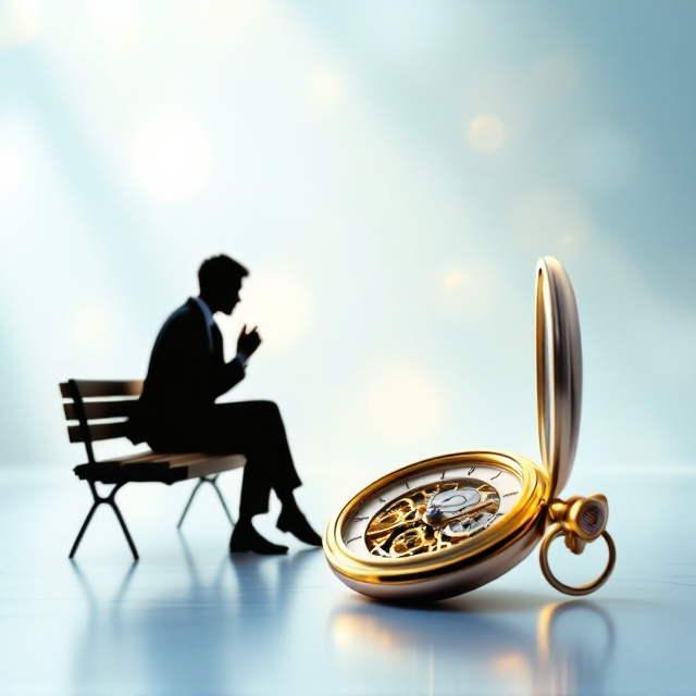 The cover features a light, airy background in a gradient of soft blues and whites, suggesting a bright, forward-looking future. In the lower right corner, a beautifully detailed golden pocket watch lies open, exposing intricate golden gears within. In the mid-left section of the cover, a silhouette of a person sitting contemplatively on a minimalist bench is placed, leaning forward with hands clasped together, gazing thoughtfully into the distance. Subtle, futuristic lighting effects radiate softly from the top of the watch’s gears and partially illuminate the figure on the bench. The elements are balanced to draw the eye diagonally across the composition.