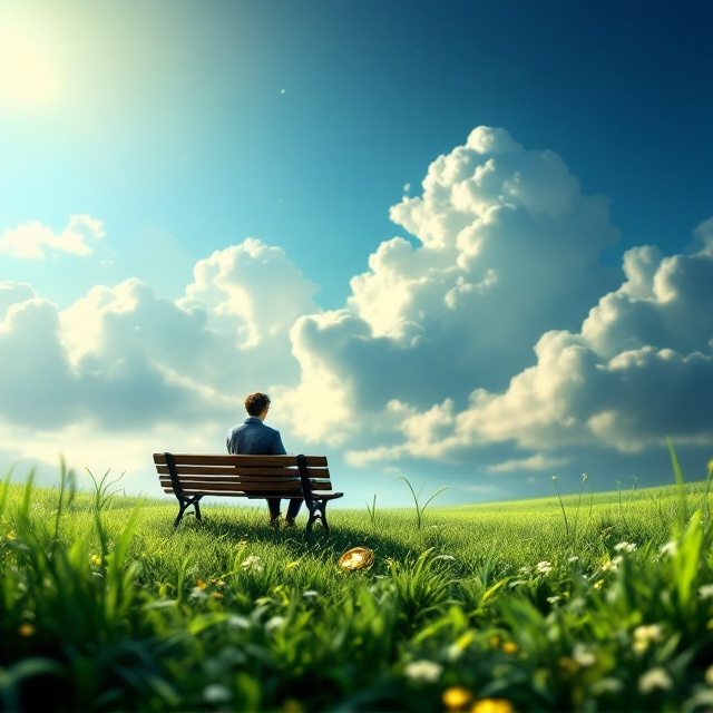 A serene and fantastical scene with a lone figure sitting contemplatively on a wooden bench surrounded by lush, green, peaceful grass. A small, golden pocket watch lies on the grass near the bench, its gears delicately visible and sparkling under a soft glint of sunlight. The sky is awash with deep azure blue and fluffy white clouds, giving a dreamy, uplifting tone. Subtle gradients blend from the grassy foreground into the expansive sky. The overall design balances fantasy and tranquility while drawing the viewer's attention to the pocket watch and its intricate golden gears.