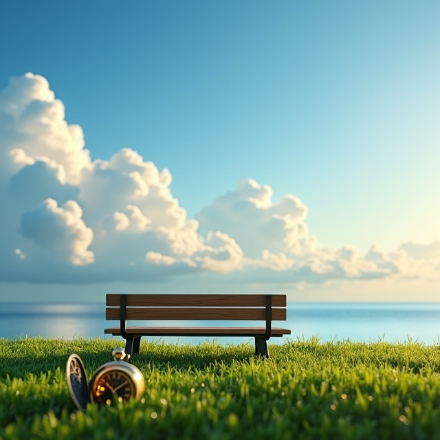 A tranquil scene with a golden, antique pocket watch lying slightly ajar on lush, short green grass near a sleek, modern wooden bench. The bench faces toward a serene horizon under a vibrant azure sky filled with soft, white clouds that swirl slightly to the right, creating motion. The focus is on the symmetry of the scene – the bench slightly off-center, the watch catching the sun’s reflection to give it a radiant golden highlight.