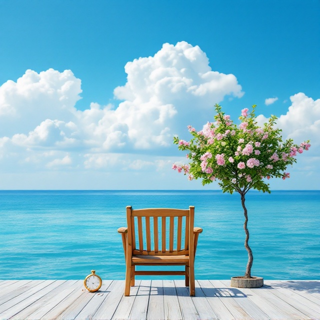 A serene and minimalistic design showcasing a solitary wooden chair facing a calm, endless blue ocean under a vast azure sky with fluffy white clouds. The setting conveys a sense of reflection. Near the chair, there’s a golden pocket watch slightly opened, glinting under the sunlight. To the right of the chair, a single, vibrant green tree filled with blossoming pink flowers adds a sense of optimism and growth.
