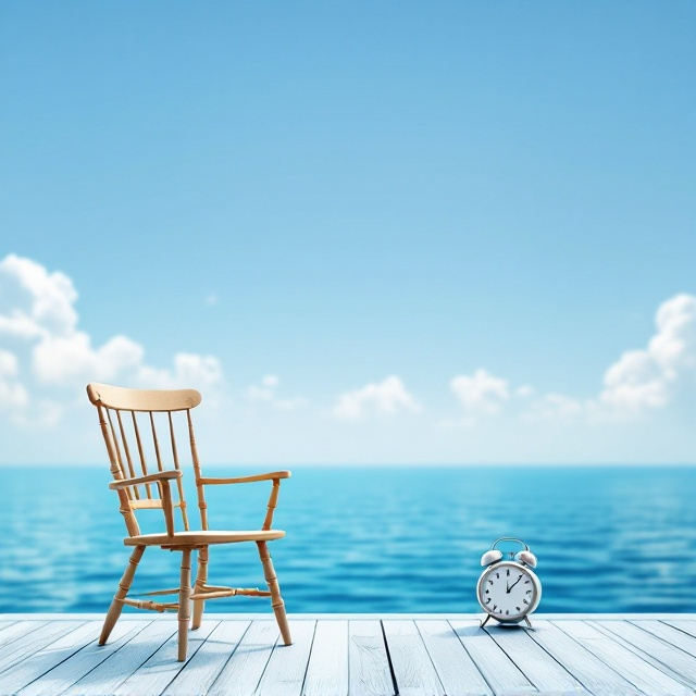 A calm and serene wooden chair is placed on the left side of the cover, facing the horizon over a tranquil and deep blue ocean under a bright, azure sky with soft white clouds. The environment evokes a sense of reflection and progress. A small, elegant clock is positioned right in front of the empty chair on a wooden plank, symbolizing time and forward momentum. Floating subtly in the sky, abstract yet distinguished elements related to organizational Human Resources, such as an outline of a handshake and interlocking abstract gear symbols, give a hint of the management aspect.