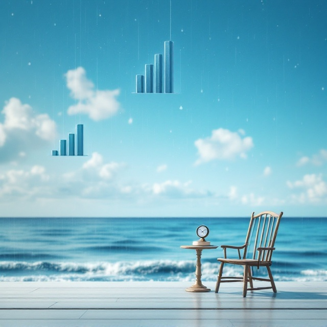 The cover features a tranquil scene with a minimalistic yet evocative aesthetic. On the right side of the cover, a single vintage wooden chair is positioned slightly angled towards the ocean, facing the serene blue sea with its calming waves under a vast sky of azure and soft white clouds. Drops of rain are subtly visible, blending harmoniously with the optimistic weather. Suspended in the air on the left-hand side of the scene are two or three semi-transparent floating management-related bar charts and a small, elegant podium trophy signifying Human Resource achievements. Centered directly in sight, in front of the empty chair, a small, modern clock on a tiny low wooden table symbolizes time and forward-thinking. Overall, the scene balances peaceful contemplation and professional aspirations.