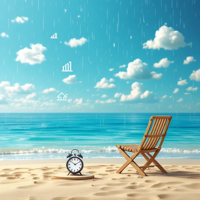 A calming scene of a wooden chair positioned on the right side of the cover, facing a serene blue ocean with gentle ripples under a vibrant azure sky adorned with scattered white clouds. Raindrops delicately fall across the cover, subtly blending with the background. Floating in the air around the edges are two to three stylized bar charts, a tree diagram, and a compact set of podium stairs symbolizing human resource management concepts. In front of the chair, a small, elegant clock stands on the sand to signify time and feedback. The overall color palette is composed of soothing blue, white, and wooden tones, evoking thoughtfulness and professionalism.