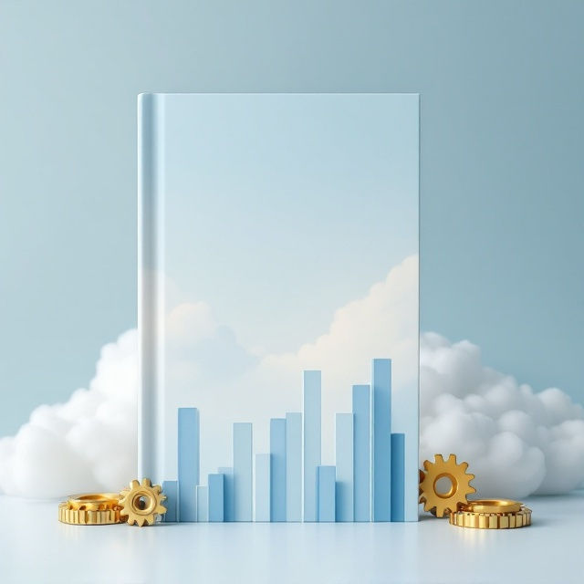 A serene and minimalistic cover with a soft light blue sky gradient transitioning into slightly whimsical white clouds. On both the left and right sides, small, golden-colored managerial cogs (gears) are placed symmetrically and artistically to suggest smooth functionality. The central foreground features faint, semi-transparent vertical bar charts in muted tones of blue and gold, signifying strategic management tools. The title and author's name overlay the scene in a clean, understated manner.