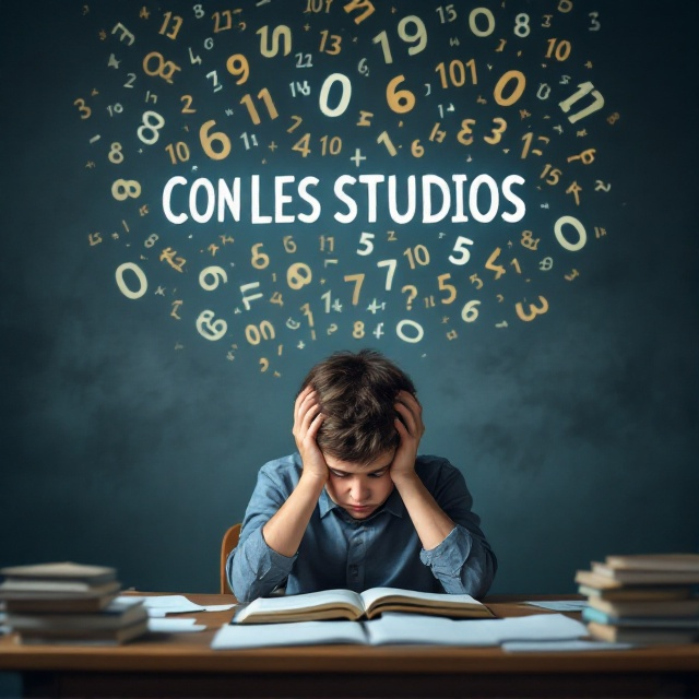 A young boy sits at a desk, his head in his hands, with an open book and scattered papers around him. The background is dimly lit to evoke a sense of pressure, with looming, vague shadowy shapes of numbers and letters swirling above his head, symbolizing stress and overwhelm. The boy looks tired and worried. The color palette is subdued, with tones of gray, navy blue, and subtle beige to keep it calm yet emotional, focusing on the child's internal struggle.