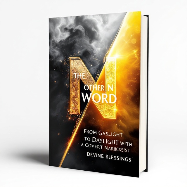 The cover is divided diagonally into two contrasting sections. The left half is rendered in dark, stormy hues of black and deep gray to represent gaslight and emotional turmoil, with subtle swirling shadows suggesting confusion and pain. The right half transitions into vibrant daylight tones—soft yellows, light blues, and glowing whites—to symbolize the journey toward freedom and self-recovery. The title, "The Other N Word," is bold and commanding, with the "N Word" highly stylized in an illuminated font. "N" in "Narcissist" has a gradient glow, linking it to the transformation aspect of the storyline. Faint motifs of a broken chain and phoenix feathers are incorporated near the centerline to hint at emancipation and rebirth.