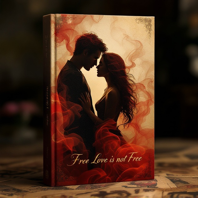 The central visual focuses on a historical, sepia-toned mosaic of a silhouetted couple caught in a passionate embrace, framed by overlapping veils of red and gold smoke. The couple’s shadows are imposed against a subtly muted backdrop of aged paper with faint illustrations of provocative Renaissance-era artwork. The title, "Free Love is not Free," is split into two parts, with the word "Free" in bold, oversized characters and "Love is not Free" appearing in cursive beneath as if handwritten on parchment. Light, intricate patterns of baroque design weave gently in the corners to enhance the historical vibe.