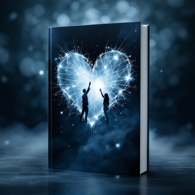 A shattered glass heart in the center, symbolizing fractured love and promises, with a backdrop of swirling white mist contrasted against a soft shadowy gradient of deep blues and blacks. The edges fade into darkness, creating an air of mystery, while faint silhouettes of two people reaching toward each other are subtly visible in the glass fragments.