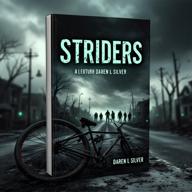 A dark, stormy sky looms over a destroyed town in grayscale tones. Dead, leafless trees and bent streetlights frame the scene. In the foreground, a rusted bicycle lies on its side with a single, skeletal hand clutching its wheel. Shadows of zombies with glowing eyes creep in the distance, blurred to emphasize their dread-inducing ambiguity. The title "Striders" is slanted slightly, as if caught mid-motion, giving it a sense of urgency.