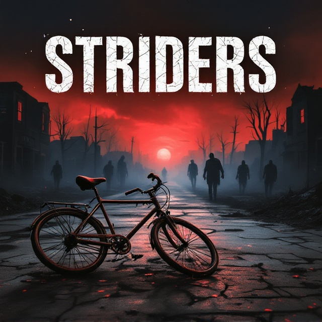 A highly detailed, eerie image of a destroyed town stretched across the main background under a murky, red-tinted sky, conveying a sense of dread. In the foreground, a rusty bicycle lies on its side, its wheels slightly bent, as if abandoned mid-motion. In the distance, shadowy figures (zombies) loom ominously, partially obscured by mist, bringing unease and suspense. Faint cracked pavement and scattered debris enhance the dystopian vibe. Small splashes of motion blur behind the zombies create a sense of them emerging into the scene.
