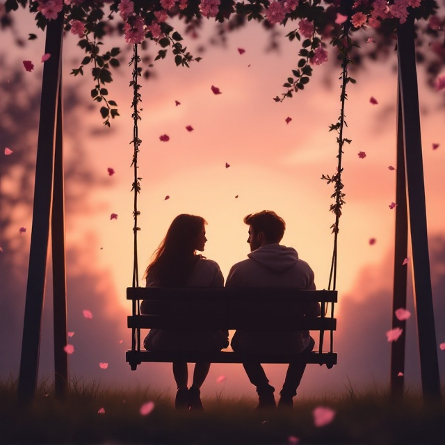 A pastel sunset background with soft hues of peach and lavender, blending into a dreamy atmosphere. In the foreground, silhouettes of a young couple are shown sitting on a swing set in a quiet high school playground, their gaze turned towards each other, evoking a theme of rekindled connection. Flower petals float in the air, adding an ethereal, romantic touch.
