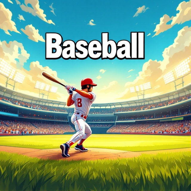 A cartoon-style baseball player in mid-action, poised to hit a ball. The baseball player is positioned in the foreground, with exaggerated comic-book-like details such as vibrant colors and bold outlines. Behind him stretches a vast and detailed baseball field under a warm, sunny sky with stadium lights and cheering figures visible in the background. Bright green grass dominates the lower half, while the warm hues of the sky and stands add depth.