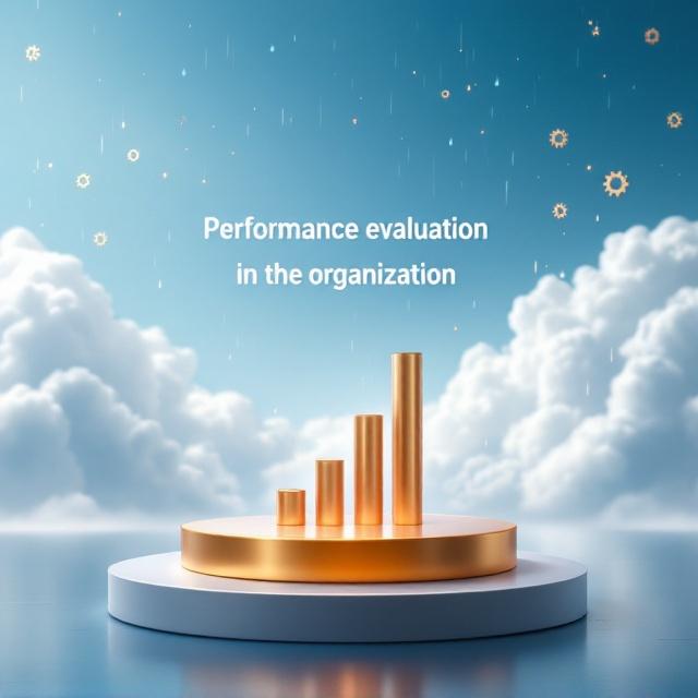 A serene, clean sky with a gradient of deep blue merging into a lighter shade near the top, scattered with soft, fluffy white clouds. On both the left and right sides, small golden gears—representing strategic management—are subtly embedded into the background overlapping with light rain droplets, creating a delicate shimmer. In the center, a minimalist podium rendered in metallic tones sits prominently, with diminutive column charts (strategic management indicators) rising from it. These charts are sleek, with vibrant yet subdued shades for a professional feel. The overall design is bordered softly with a light vignette, directing attention towards the center.