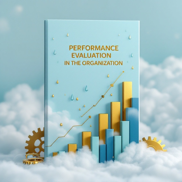 A calming azure blue sky with soft, white, scattered clouds as the backdrop covers the entire A5-sized book. Towards the left and right edges of the cover, there are golden metallic gears in different sizes, adding a refined yet futuristic vibe. On the upper-center part of the cover, rain-like diagonal droplets (subtle and translucent) are placed, creating a dynamic feel. Below them, stylish bar graphs in gradient hues of blue, green, and gold ascend upwardly on the lower half of the cover, symbolizing strategic progress and performance evaluation.