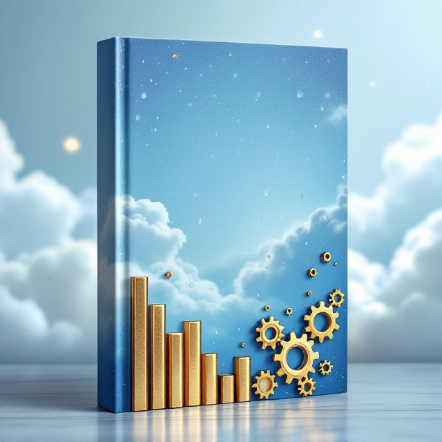 A serene blue sky with subtle gradients transitioning from a deeper blue at the top to a lighter blue near the center. Soft white clouds are scattered to give depth to the background. Golden management-themed cogs are placed on the right-hand side in small groupings, their metallic sheen catching attention without overpowering the overall aesthetic. On the left side, minimalist bar charts designed as rising gold and silver columns represent strategic management. A delicate overlay of faint rain droplets, creating the effect of a light drizzle, runs across the cover for subtle texture that adds elegance.