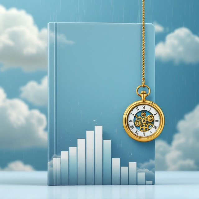 The cover features a serene yet striking sky-blue background with soft, fluffy white clouds scattered throughout the upper portion. On the right side of the cover, a golden pocket watch hangs delicately, containing micro golden gears visible through its transparent face. The lower section of the book shows subtle columnar bar charts in gradient tones of blue and grey, representing strategic management. A fine drizzle of raindrops, with a glistening texture, is cascading across the cover like a veil, adding depth. The overall composition is minimalist yet filled with thoughtful meaning.