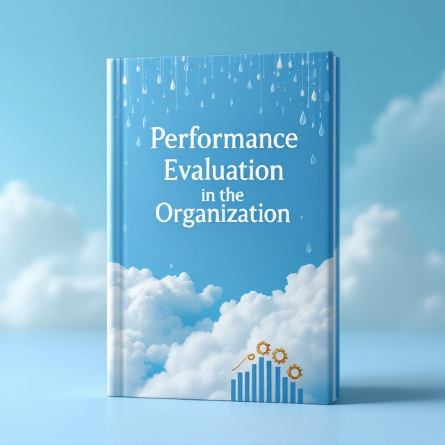 The front cover features a serene blue sky with soft, fluffy white clouds. The title, "Performance Evaluation in the Organization," is centered against the blue sky, while intricate raindrop patterns cascade down delicately on both the left and right edges, creating a striking yet subtle design. A small cluster of golden gears, symbolizing strategic management, is arranged in the bottom right corner for a meaningful touch. Above these gears, a faint bar graph rendered in sleek and minimalist lines adds a layer of corporate sophistication. The back cover mirrors the soft blue and white tones while featuring a complementary arrangement of small golden gears in the lower third, anchoring the design.