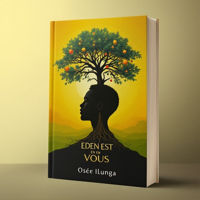 The cover features a striking silhouette of a man centered on the page. Within the silhouette, a majestic tree emerges, its branches filled with vibrant fruits and its intricate roots extending deep. The tree symbolizes a connection to spirituality and growth. The background is a gradient of soft, warm hues, transitioning from golden yellow at the top to earthy green at the bottom, evoking feelings of hope, happiness, and harmony.