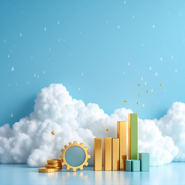 A clean and sophisticated design with a gradient blue sky featuring fluffy white clouds as the background. On the foreground, small golden and green bar charts (columnar) are subtly placed in the lower-right corner, complemented by compact golden managerial gears scattered lightly across the center of the page. Raindrop patterns on each side (left and right) are fine and subtle, creating a refreshing yet professional tone. The overall design exudes a simple and minimalistic vibe that emphasizes the scientific and educational theme.