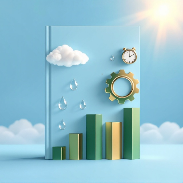 A calming blue sky spans the background, with several soft gradient transitions to emphasize depth and clarity. Two or three silver and bronze glossy gears are layered on the right-hand side, symbolizing performance evaluation and organizational work. A small, sleek, modern clock is placed subtly at the top right corner. Below the gears, on the bottom right corner, ascending green and golden bar charts emerge symbolizing growth and progress. Near the bottom-left section of the cover, three transparent, water-like raindrops glisten as beams of sunlight reflect on them. A small fluffy white cloud floats in the top left quadrant, balanced perfectly with the serene sky. An aura of professionalism radiates from the assembly of each visual, maintaining a "managerial" aesthetic.