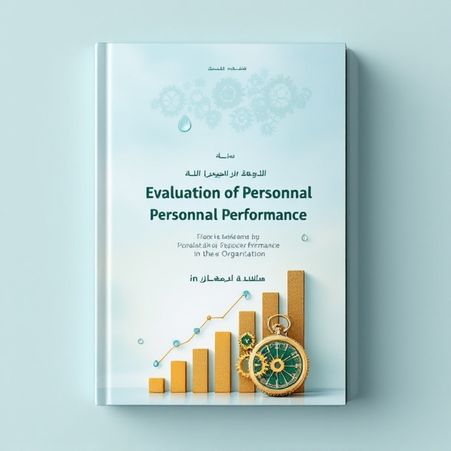 The cover is divided into two sections horizontally, with the upper section being slightly larger. The background is a soft, light blue gradient, resembling the calm tones of an early morning sky. The upper section features two to three golden and green cogwheels interconnected, symbolizing organizational mechanics and performance evaluation. A small, elegant pocket watch (gold with intricate detailing) subtly rests in the center-right part of the bottom section. Three delicate water droplets, crafted with a glossy, reflective texture, are scattered evenly across both sections. The bottom section features a simplified golden and green bar chart, angled slightly upward to display growth and progress.