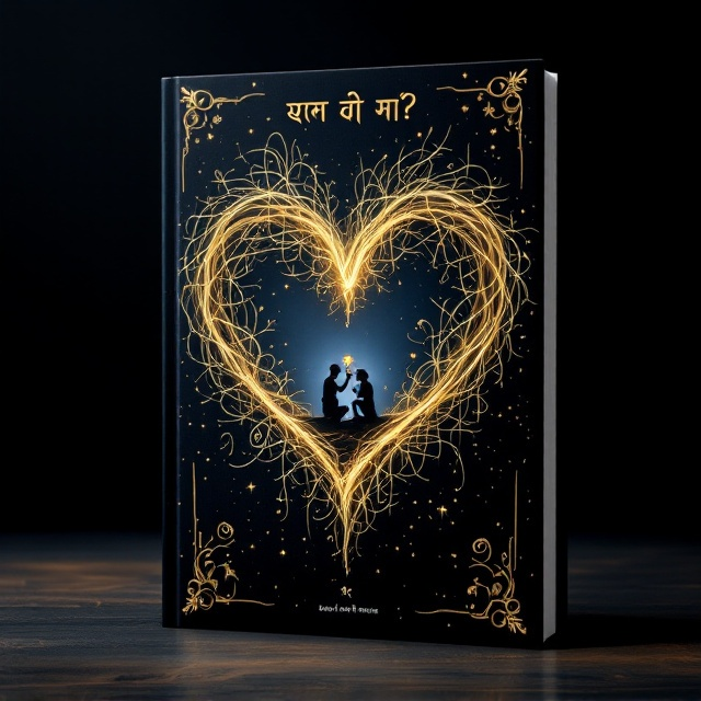 A striking intertwining of abstract scribbles forming the shape of a heart, with golden-yellow glowing edges on a deep, gradient-blue to black background. Within the heart, a faint silhouette of two figures, one kneeling with a flower while the other turns away, symbolizing complex emotions of love, realization, and revenge. Swirling calligraphy patterns subtly fade into the edges of the composition, adding a magical and otherworldly feel. The corners of the cover feature soft, intricate Bengali motifs drawn in golden ink.