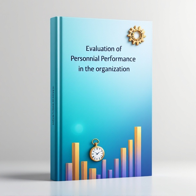 The cover has a soothing gradient of turquoise blue blending into a lighter sky blue for the background, giving a dreamy and futuristic feel. In the center, a small, intricate golden pocket watch is placed, tokening the element of time evaluation. The bottom of the cover features a column chart in gold and purple, aligned subtly towards the edge to reflect performance metrics. On the top right corner, a minuscule golden gear symbolizing performance evaluation is delicately etched, adding an industrial yet sophisticated impression. The layout is simple yet striking, with light and shadow used to add depth.