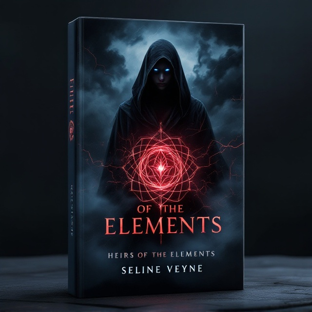 A dark and stormy horizon dominates the top half of the cover, with swirling clouds of black and deep blue laced with hints of crimson lightning. Emerging from the storm is a silhouetted figure cloaked in dark robes, their sultry glowing blue eyes piercing through the ominous background. Below them, an elemental sigil made of intertwining smoke, fire, and water glows faintly in dark red, creating a sense of power and intrigue. Subtle, shadowy details of entwined bodies emerge from the lower corners, adding a subtle erotic undertone while maintaining the dark and mysterious vibe.