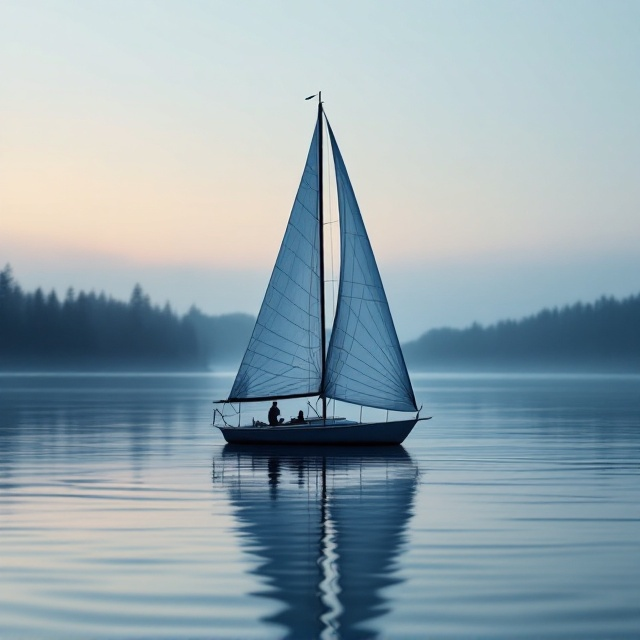 A silhouetted modern navy blue sailboat with crisp white sails gliding over a calm, glassy sea with soft ripples. The background showcases a serene forest line subtly blurred to emphasize the sailboat. A muted gradient sky transitions softly from dusky orange near the horizon to twilight blue, evoking a poetic and tranquil mood. Gentle reflections of the boat and forest are mirrored on the water, enhancing the calmness. A faint touch of handwritten poetry lines is softly overlaid in the background, barely noticeable, adding a literary touch.