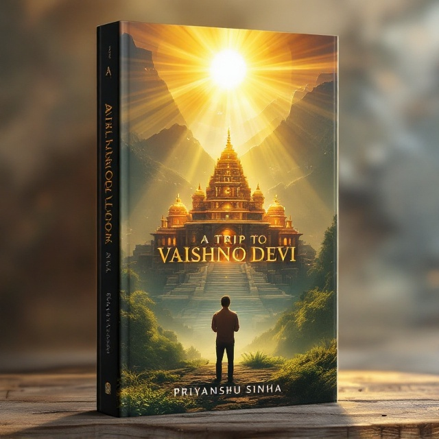 A vivid scene featuring a magnificent temple nestled amidst serene mountains, illuminated by the radiant rays of a bright golden sun. In the foreground stands a lone man with folded hands, gazing in reverence at the temple. The temple showcases intricate architecture, symbolizing faith and divinity, surrounded by lush greenery that showcases the natural beauty of the setting. The sun's rays stream outward, creating a spiritual aura around the temple and the man.