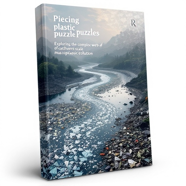 A photograph of a polluted riverine system in a Global South country, featuring a mix of vibrant and muted colors that reflect both the beauty and the devastation. The river snakes through a weaving mesh of plastic debris interspersed with human activity, with macroplastic pollution taking the central focus. A faint mosaic of broken plastic shards overlays the entire cover, giving the appearance of fragmented puzzles, symbolizing the complexity of the issue. A subtle gradient transitions from the bottom (dark, polluted tones) to the top (smoky, murky hues), emphasizing the layered impact of pollution.