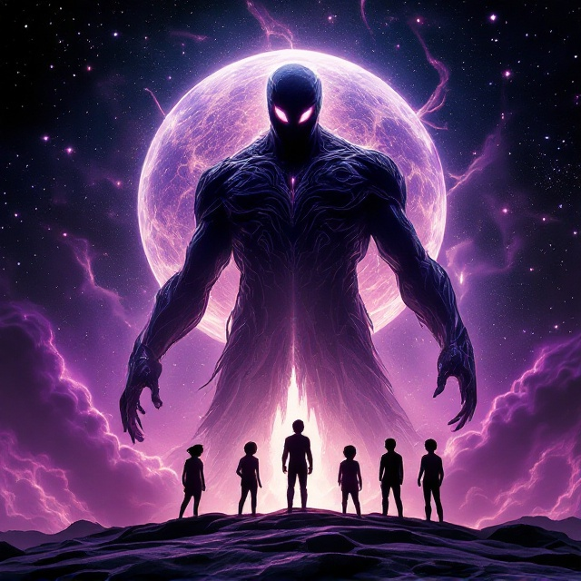 A vivid purple-hued galactic background marked with swirling nebulae and scattered stars. In the foreground, a massive, glowing planet hovers with intricate craters and designs, emitting faint light. In front of the planet, a shadowy, dark entity looms ominously, shaped with undefined edges and glowing eyes. The dark entity's body flows like liquid smoke into the space beyond. The bottom features silhouettes of five youthful figures—resembling the Teen Titans—gazing upward towards the entity, their stances a mix of awe, determination, and unease.