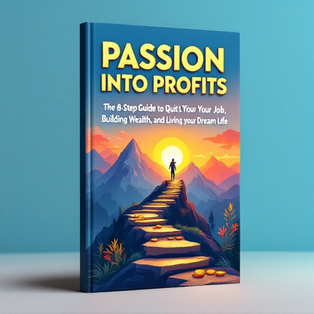 A vibrant illustration of a mountain path leading to a sunrise, symbolizing an upward journey. The path transitions from dark tones at the bottom (representing leaving behind a job) to warm, golden tones at the top (achieving wealth and fulfillment). A small figure is visible walking confidently up the path. The foreground includes subtle imagery of a laptop and coins subtly embedded into the terrain, pulling in themes of hard work and financial success. The background has a clear blue sky, giving a sense of optimism and possibility.